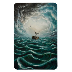 Solitary Boat in Turbulent Seas Ocean Landscape Magnet