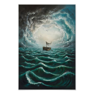 Solitary Boat in Turbulent Seas Ocean Landscape Photo Print