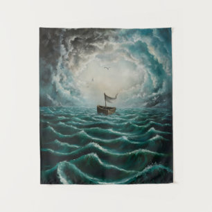 Solitary Boat in Turbulent Seas Ocean Landscape Tapestry