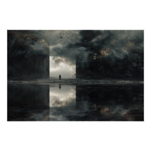 Solitary Figure Storm Cloud Mirror Abyss Poster