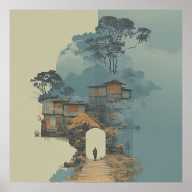 Solitary Figure Surreal Floating Shantytown Poster (Front)