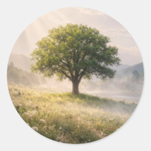 Solitary Green Tree in Mist with Sunbeams Classic Round Sticker