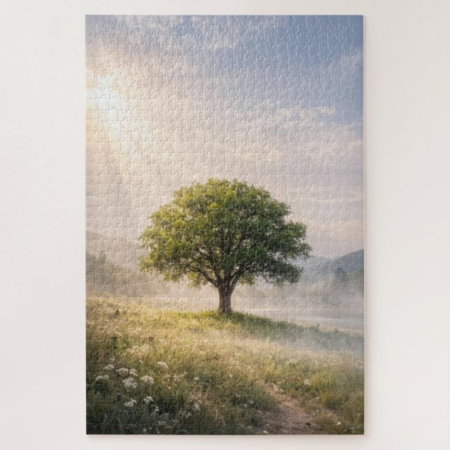 Solitary Green Tree with Sunbeams Jigsaw Puzzle (Vertical)