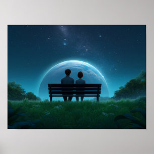 Solitary Man on Bench Watching Birds Black and Whi Poster