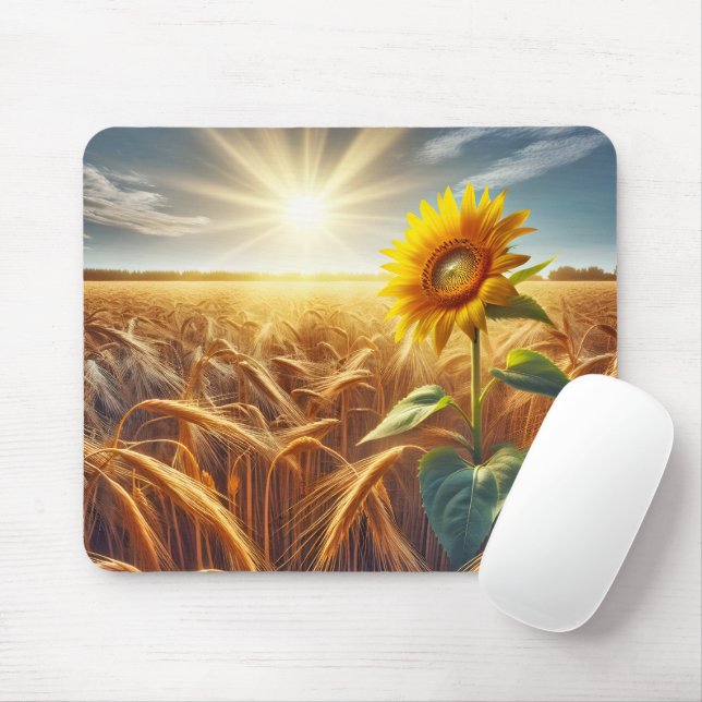 Solitary Sunflower In Wheat Field  Mouse Mat (With Mouse)