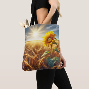 Solitary Sunflower In Wheat Field Tote Bag
