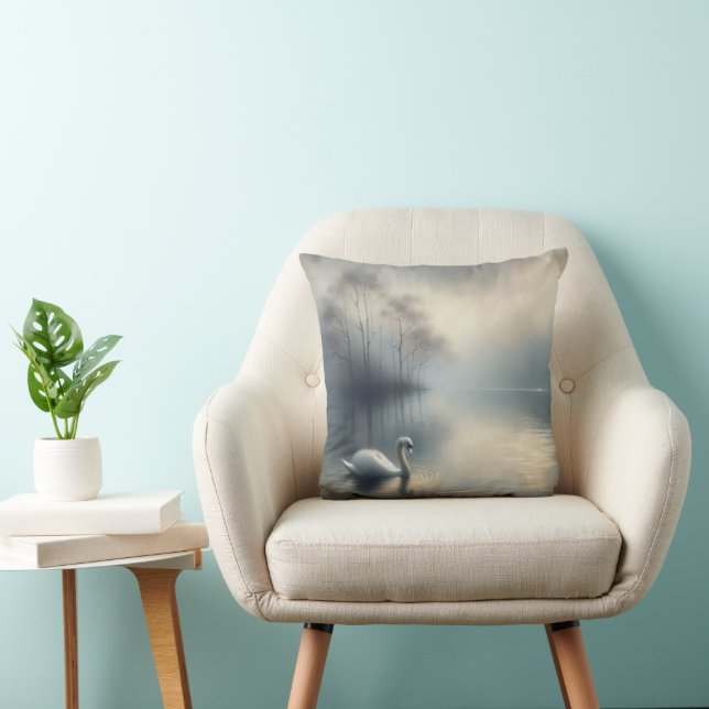 Solitary Swan On Misty Lake Cushion (Chair)