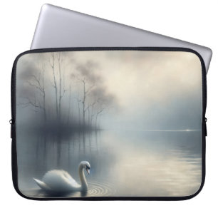 Solitary Swan on Misty Lake Laptop Sleeve