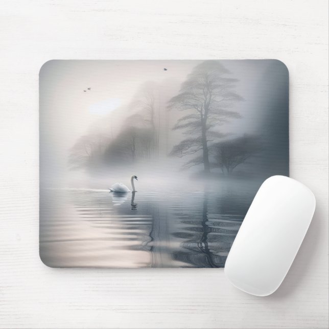 Solitary Swan On Misty Lake Mouse Mat (With Mouse)