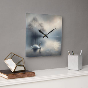 Solitary Swan On Misty Lake Square Wall Clock