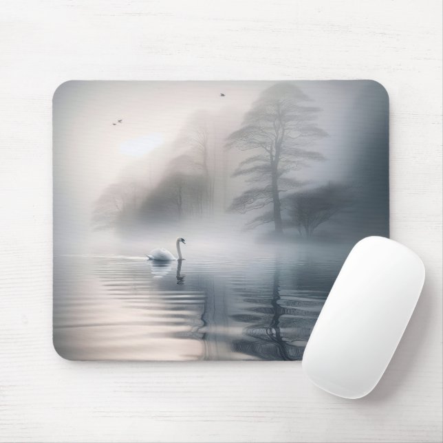 Solitary Swan On Misty Morning Lake Mouse Mat (With Mouse)