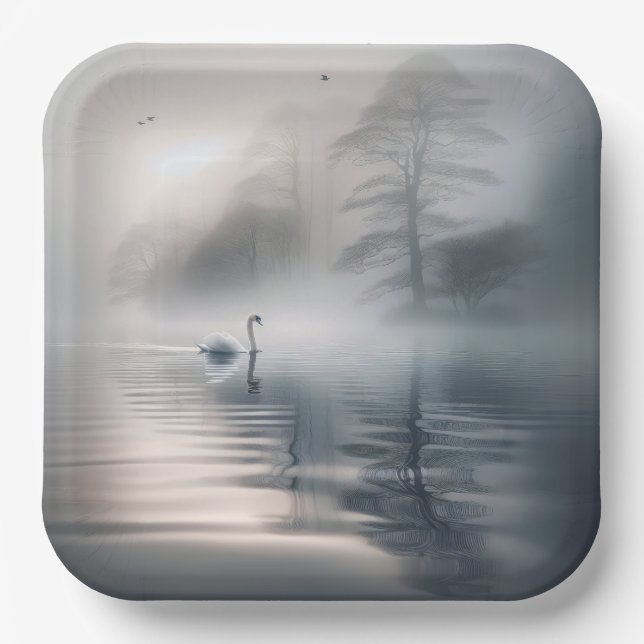 Solitary Swan On Misty Morning Lake Paper Plate (Front)