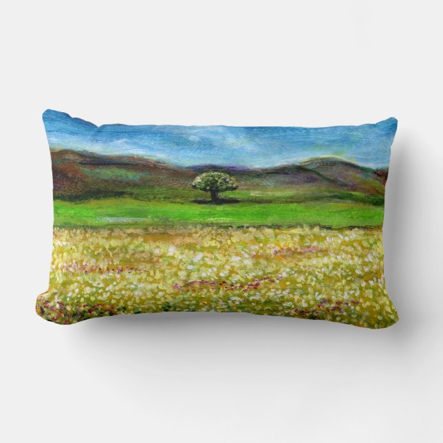 SOLITARY TREE IN THE GREEN YELLOW FLOWER FIELD LUMBAR CUSHION (Front)