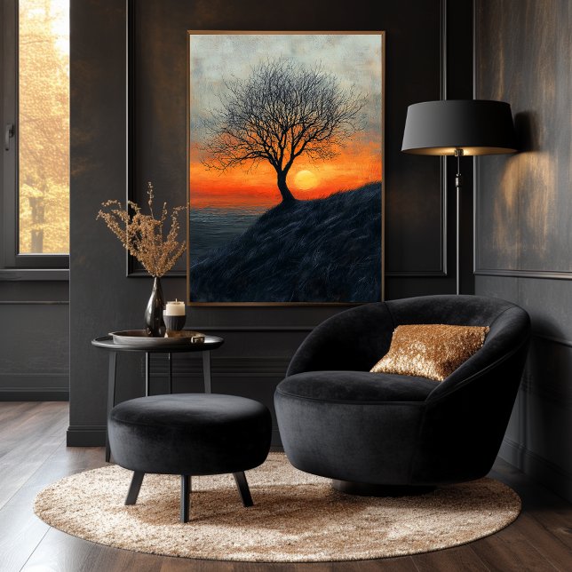 Solitary Tree Sunset in Charcoal and Warm Tones Poster (Creator Uploaded)
