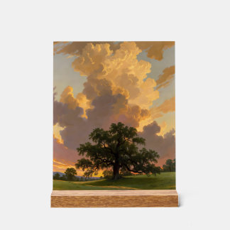 Solitary Tree Under Golden Sky Landscape Art Print Acrylic Sign