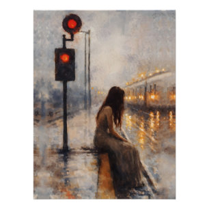 Solitary Woman Waiting Red Signal Night Station Poster