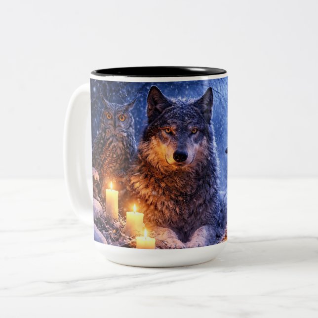 Solitsice Inspired Wolf Raven and Owl Two-Tone Coffee Mug (Front Left)