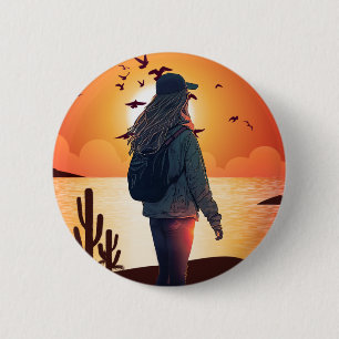 Solitude , Girl stand with a backup of sunset 6 Cm Round Badge