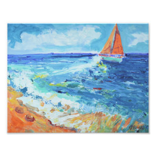Solo Sailboat Ocean Coast Impressionist Photo Print