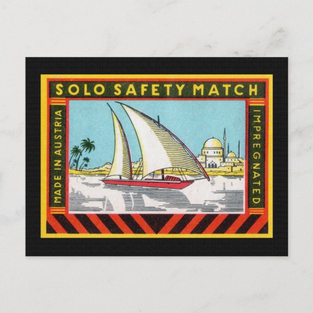 Solo Sailing Ship Match Label Postcard (Front)