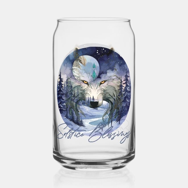Solstice Blessings Winter Wolf Moonlight Woods Can Glass (Front)