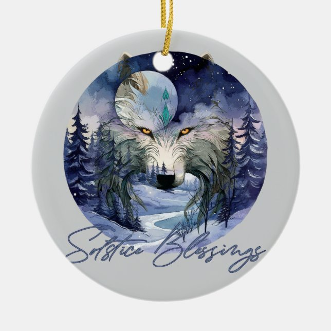 Solstice Blessings Winter Wolf Moonlight Woods Ceramic Tree Decoration (Front)