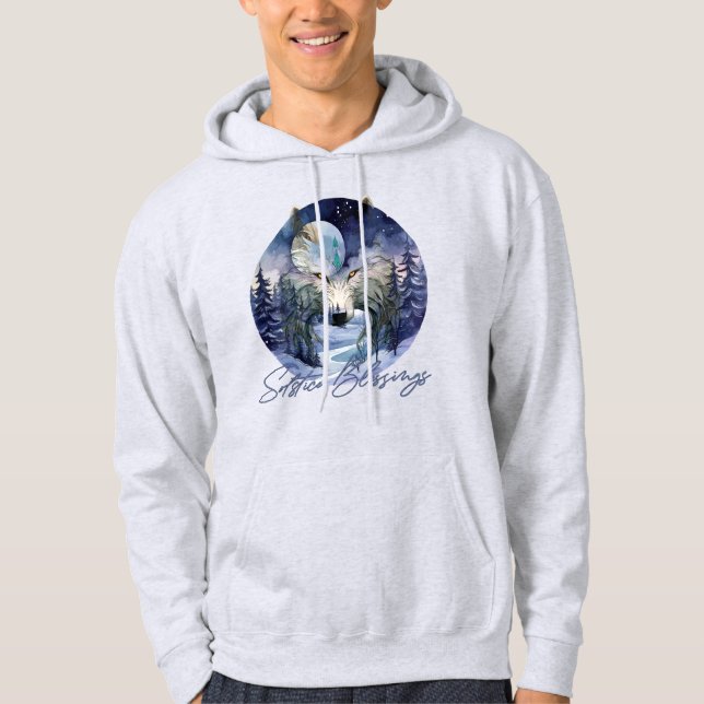Solstice Blessings Winter Wolf Moonlight Woods Hoodie (Front)