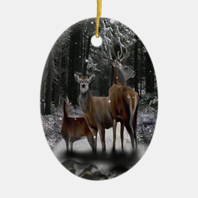 Solstice Deer Family Ceramic Tree Decoration (Front)