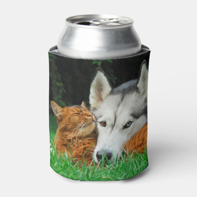 Somali cat and Siberian Husky cute friends Bawdle Can Cooler (Can Front)