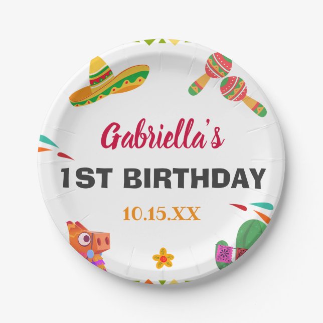 Sombrero Llama Mexican Style Fiesta First Birthday Paper Plate (Front)