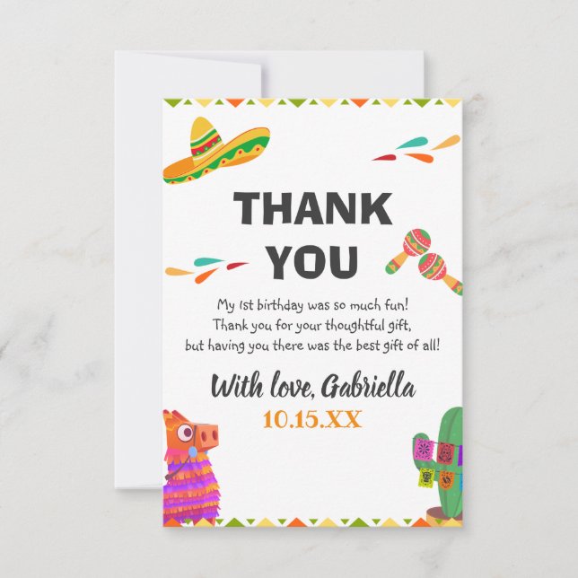Sombrero Llama Mexican Style Fiesta First Birthday Thank You Card (Front)