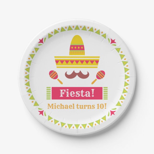 Sombrero Moustache Maracas Birthday Fiesta Plates (Front)