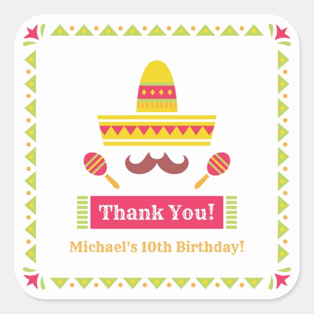 Sombrero Moustache Maracas Thank You Stickers (Front)