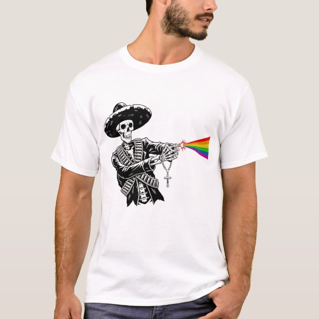 Sombrero Skeleton Shoots Rainbow Beam T-Shirt (Front)