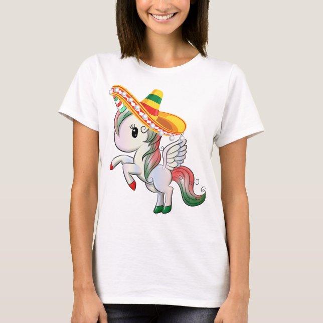 Sombrero Wearing Cinco de Mayo Unicorn Pegasus T-Shirt (Front)