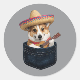 Sombrero Welsh Corgi Dog Playing Guitar Cinco De Classic Round Sticker