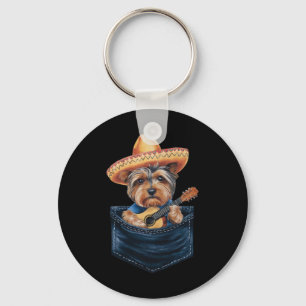 Sombrero Yorkshire Terrier Dog Playing Guitar Cinc Key Ring