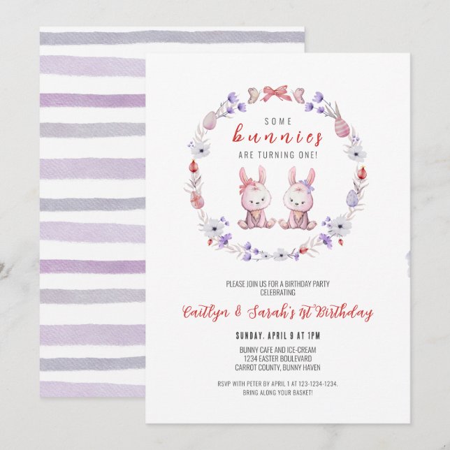 Some Bunnies are turning One, Twins 1st Birthday Invitation (Front/Back)