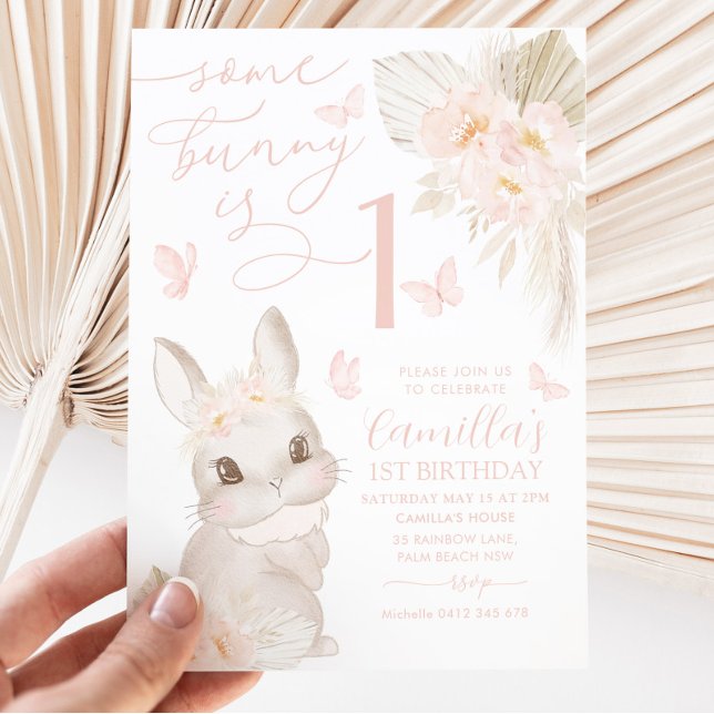 Some Bunny 1st Birthday Boho Pink Butterfly Cute Invitation (Creator Uploaded)