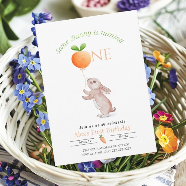Some Bunny 1st birthday Carrot balloon Customizabl Invitation (Some Bunny Invitation with carrot balloon for 1st First birthday)