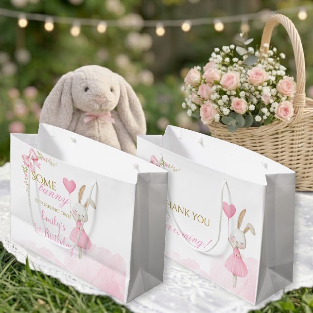 Some Bunny 1st Birthday Girl Pink Bow Large Gift Bag (Some Bunny is Turning One Gift Bag. Elegant floral bunny 1st birthday personalized gift bags.)
