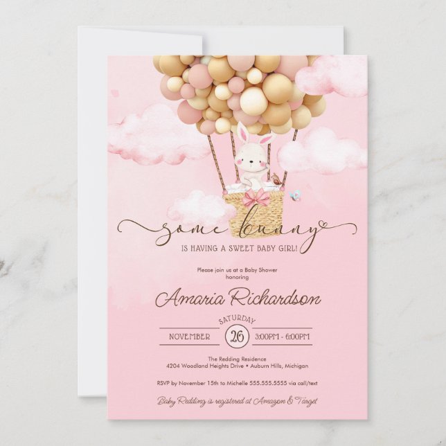 Some Bunny Air Balloon Pink Cloud Girl Baby Shower Invitation (Front)