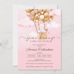 Some Bunny Air Balloon Pink Cloud Girl Baby Shower Invitation
