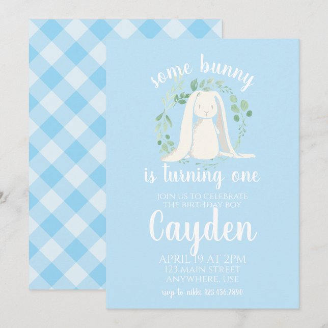 Some Bunny Birthday Invitation blue plaid (Front/Back)