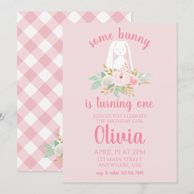 Some Bunny Birthday Invitation floral and Pink (Front/Back)