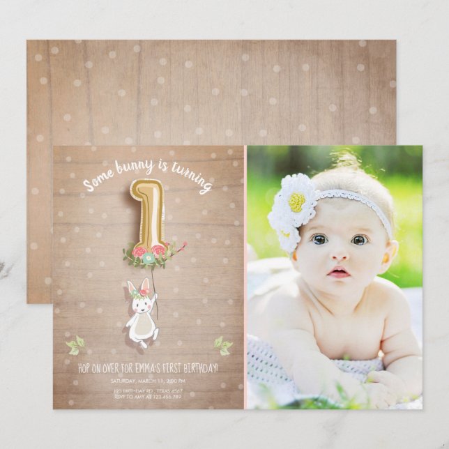 Some Bunny Birthday Invitation Girl First Pink (Front/Back)