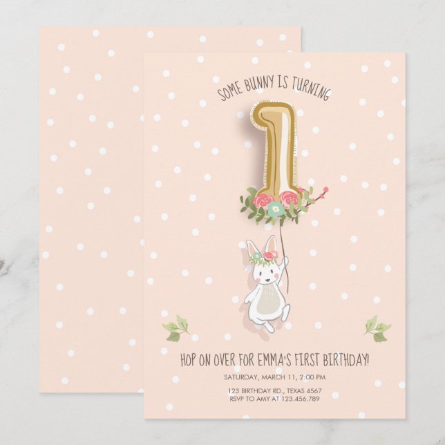 Some Bunny Birthday Invitation Girl First Pink (Front/Back)