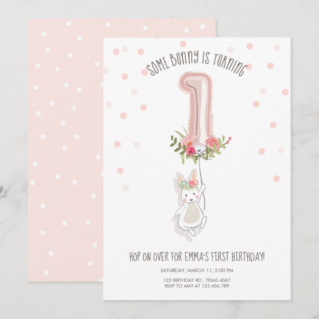 Some Bunny Birthday Invitation Girl First Pink (Front/Back)