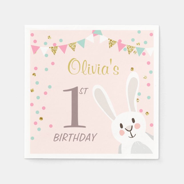 Some Bunny Birthday Paper Napkin Pink Gold Girl (Front)