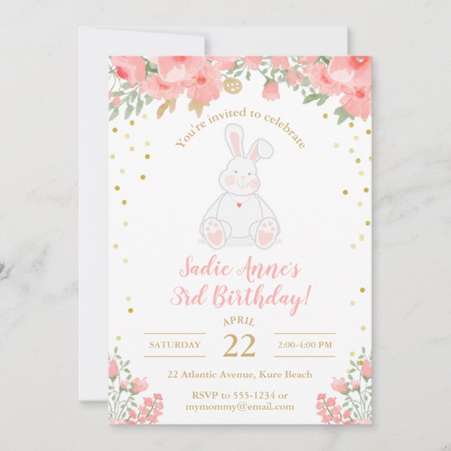 Some Bunny Birthday Watercolor Floral Pink Gold Invitation (Front)